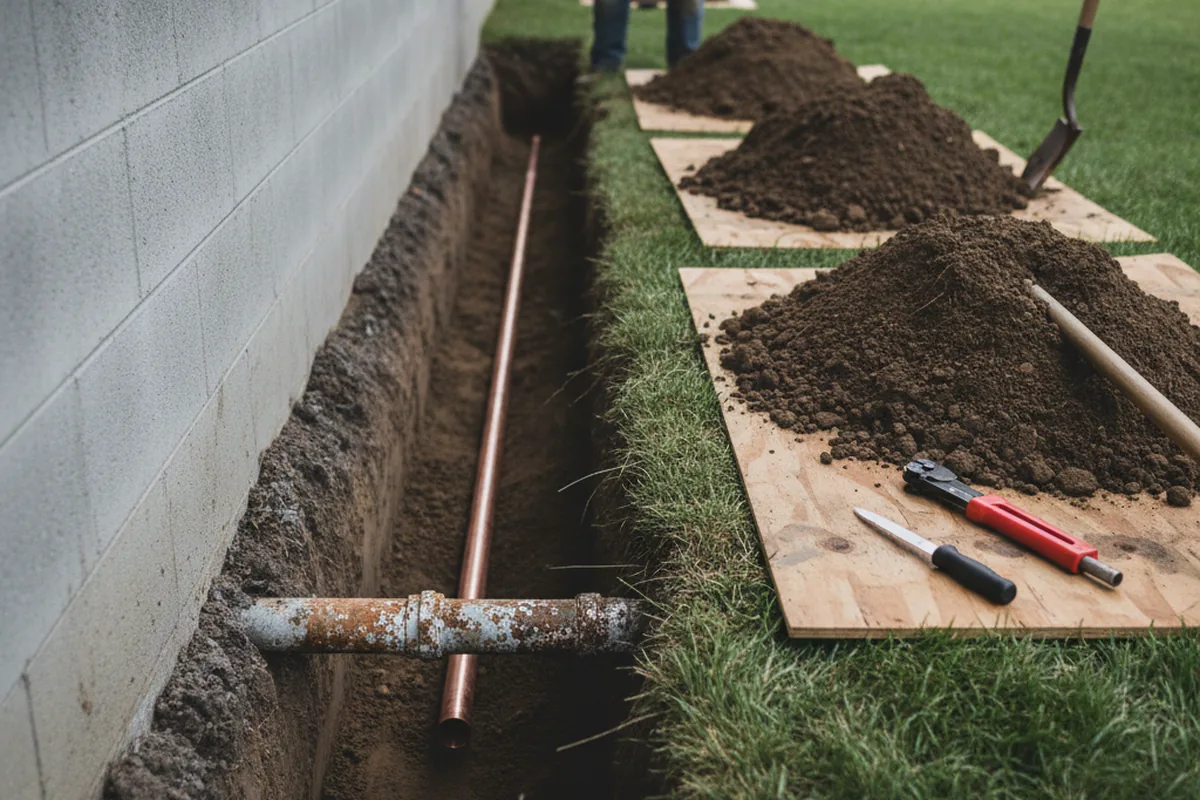 Excavated water line trench during Sewer Line Repair in Fortson